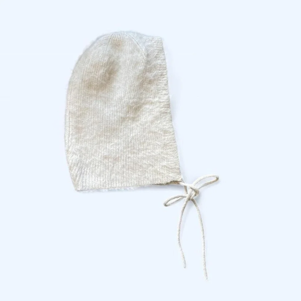 Cream fluffy knitted bonnet cap OS